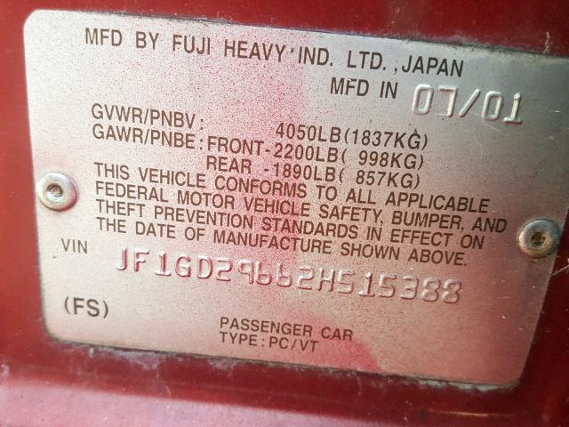 JF1GD29662H515388 - 2002 SUBARU IMPREZA WR RED photo 10