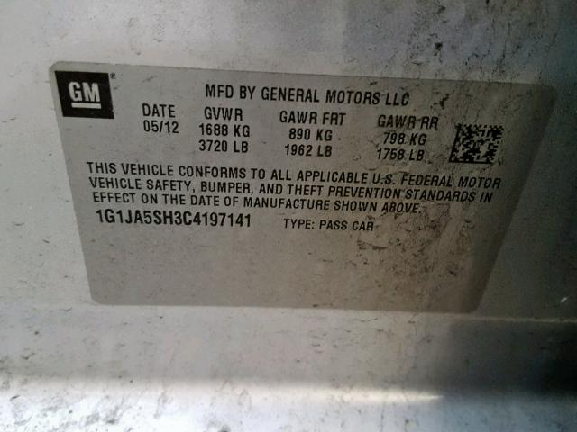 1G1JA5SH3C4197141 - 2012 CHEVROLET SONIC LS 银色 照片 10