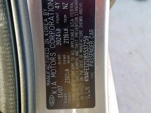 KNAFE121285537259 - 2008 KIA SPECTRA EX GOLD photo 10