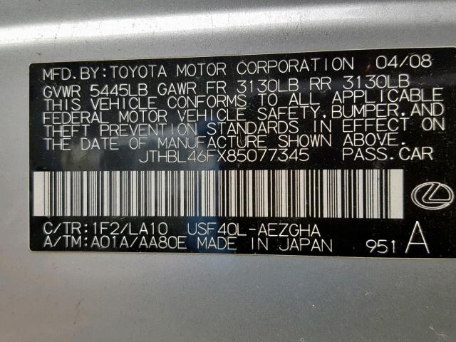 JTHBL46FX85077345 - 2008 LEXUS LS 460 SILVER photo 10