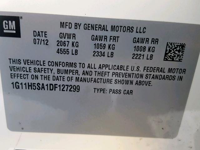 1G11H5SA1DF127299 - 2013 CHEVROLET MALIBU LTZ თეთრი ფოტო 10