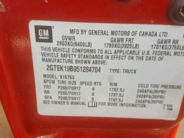 2GTEK19B951284704 - 2005 GMC NEW SIERRA RED photo 10