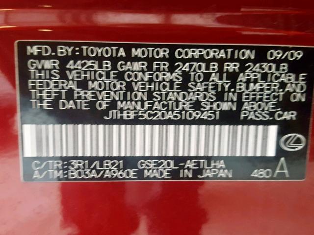 JTHBF5C20A5109451 - 2010 LEXUS IS 250 RED photo 10