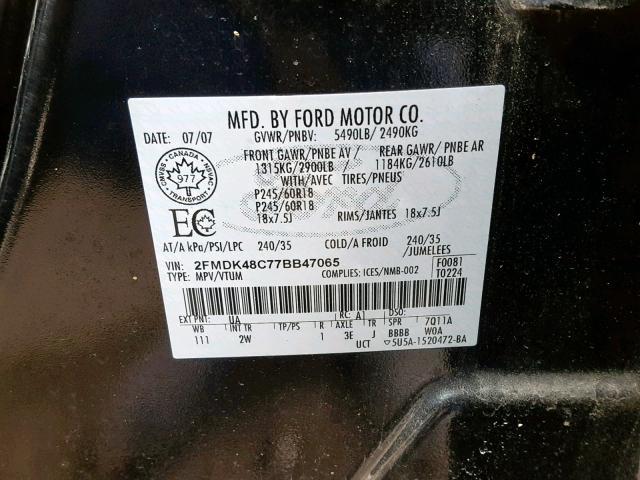 2FMDK48C77BB47065 - 2007 FORD EDGE SEL BLACK photo 10