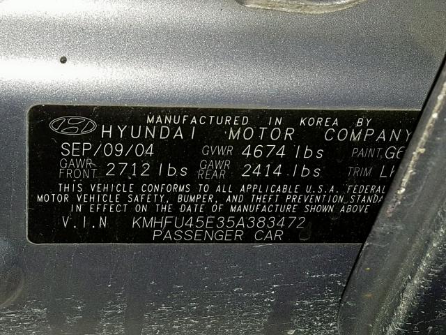 KMHFU45E35A383472 - 2005 HYUNDAI XG 350 SILVER photo 10