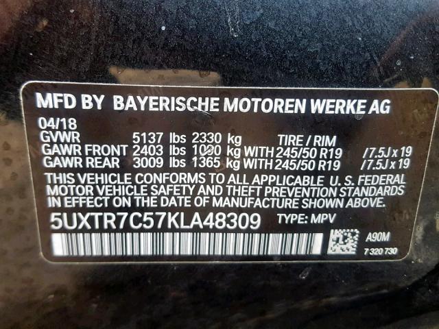 5UXTR7C57KLA48309 - 2019 BMW X3 SDRIVE3 GRAY photo 10