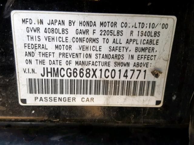 JHMCG668X1C014771 - 2001 HONDA ACCORD EX BLACK photo 10