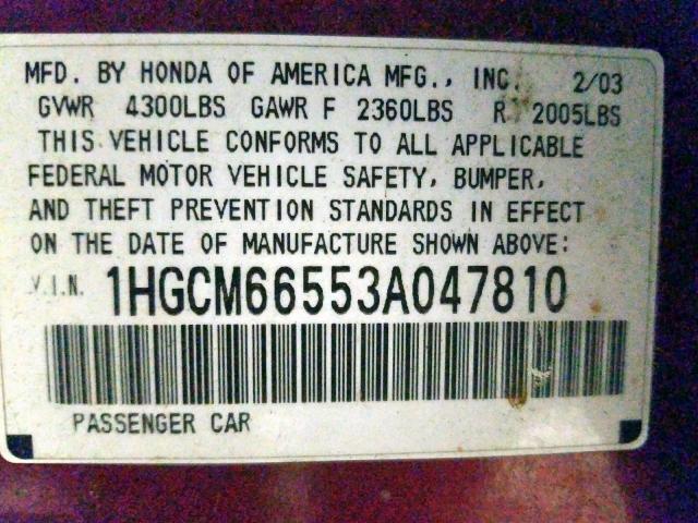 1HGCM66553A047810 - 2003 HONDA ACCORD EX RED photo 10