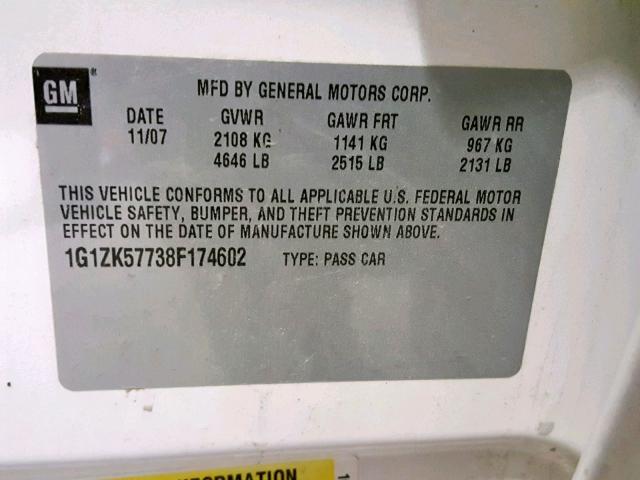 1G1ZK57738F174602 - 2008 CHEVROLET MALIBU LTZ თეთრი ფოტო 10