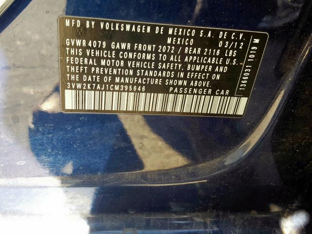 3VW2K7AJ1CM395646 - 2012 VOLKSWAGEN JETTA BASE Կապույտ լուսանկար 10