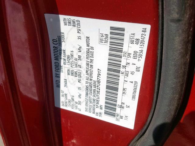 1FMEU73E27UB77917 - 2007 FORD EXPLORER X RED photo 10