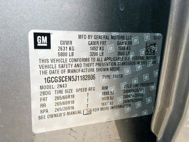 1GCGSCEN5J1182806 - 2018 CHEVROLET COLORADO L GRAY photo 10