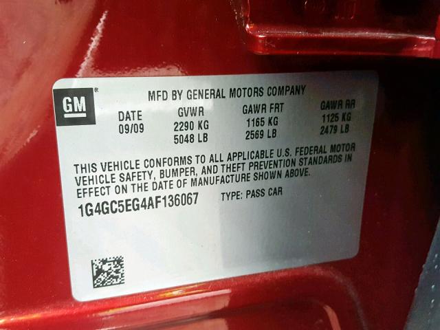 1G4GC5EG4AF136067 - 2010 BUICK LACROSSE C RED photo 10