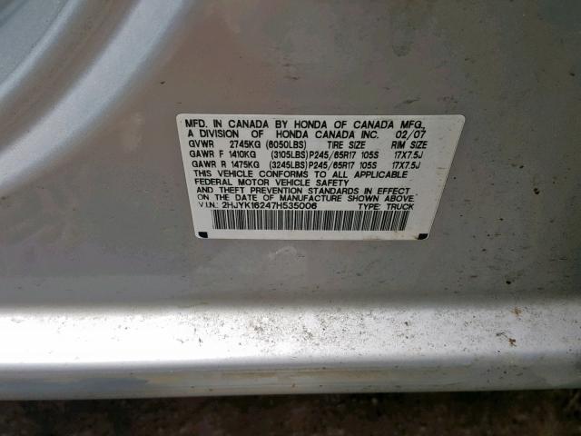 2HJYK16247H535006 - 2007 HONDA RIDGELINE SILVER photo 10