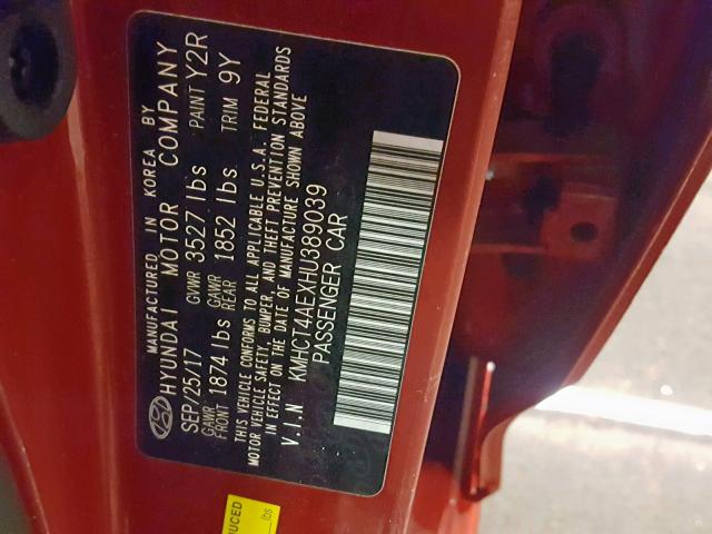 KMHCT4AEXHU389039 - 2017 HYUNDAI ACCENT SE RED photo 10