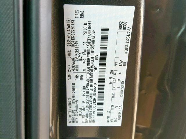 1FMCU0J92HUD15610 - 2017 FORD ESCAPE TIT GRAY photo 10