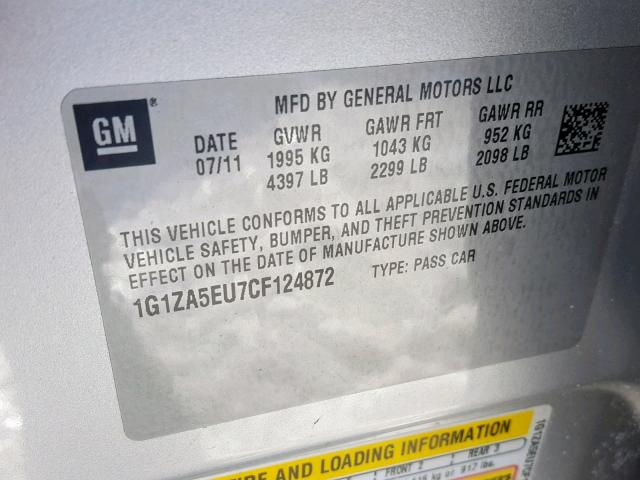 1G1ZA5EU7CF124872 - 2012 CHEVROLET MALIBU LS Gümüş foto 10