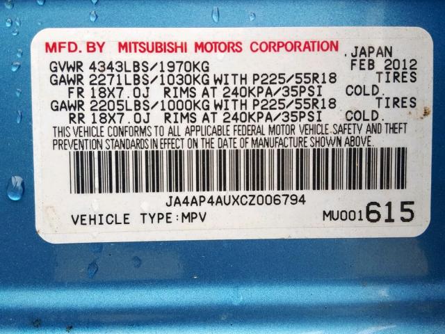 JA4AP4AUXCZ006794 - 2012 MITSUBISHI OUTLANDER BLUE photo 10