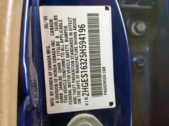 2HGES16325H594196 - 2005 HONDA CIVIC DX V BLUE photo 10