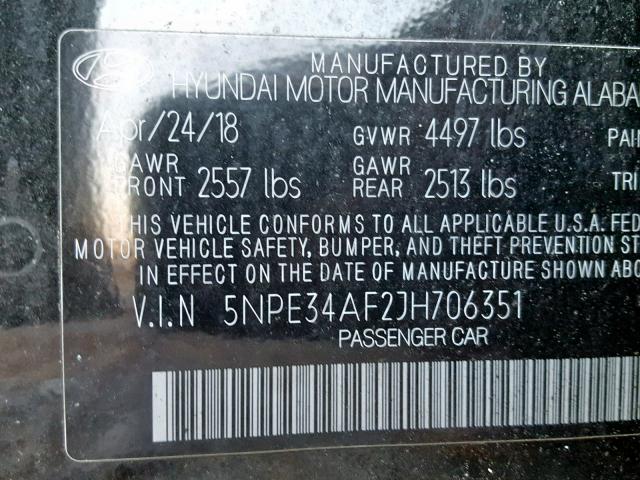 5NPE34AF2JH706351 - 2018 HYUNDAI SONATA SPO BLACK photo 10