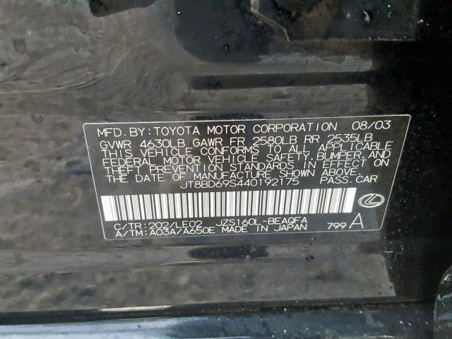 JT8BD69S440192175 - 2004 LEXUS GS 300 BLACK photo 10