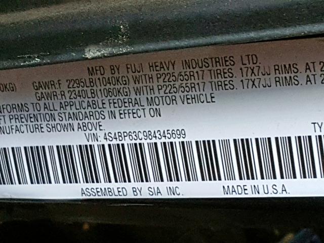 4S48P63C984345699 - 2008 SUBARU OUTBACK BLACK photo 10