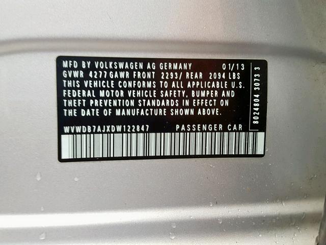 WVWDB7AJXDW122847 - 2013 VOLKSWAGEN GOLF SILVER photo 10