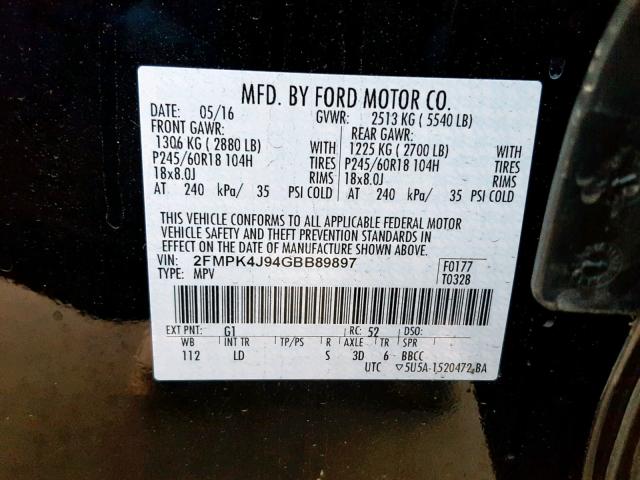 2FMPK4J94GBB89897 - 2016 FORD EDGE SEL BLACK photo 10