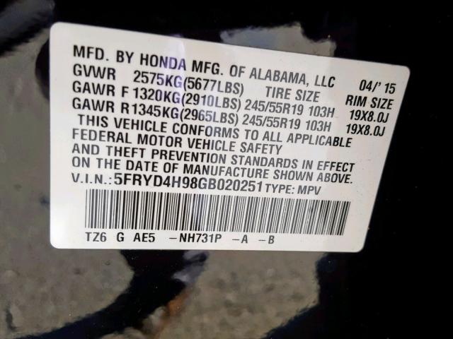 5FRYD4H98GB020251 - 2016 ACURA MDX ADVANC BLACK photo 10