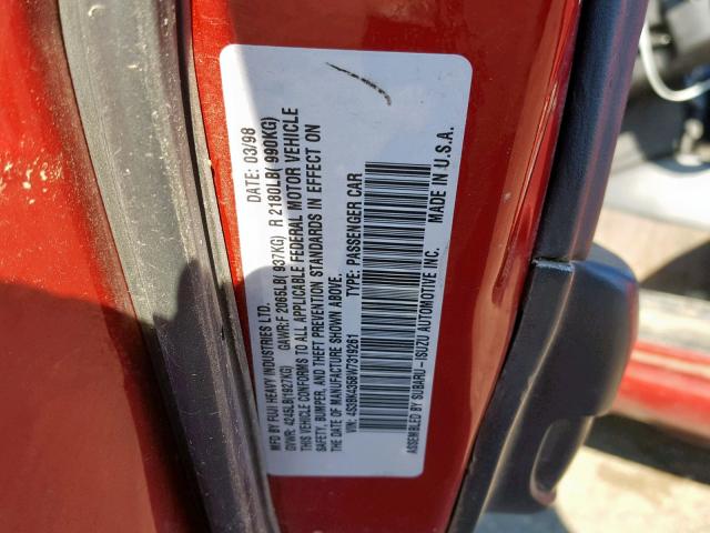 4S3BK4358W7319261 - 1998 SUBARU LEGACY L RED photo 10