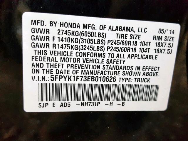 5FPYK1F73EB010626 - 2014 HONDA RIDGELINE BLACK photo 10