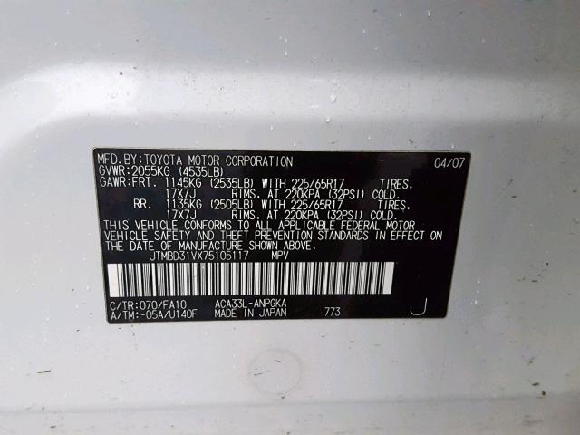 JTMBD31VX75105117 - 2007 TOYOTA RAV4 LIMIT WHITE photo 10