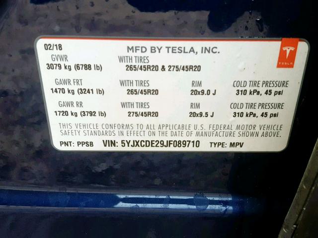 5YJXCDE29JF089710 - 2018 TESLA MODEL X BLUE photo 10