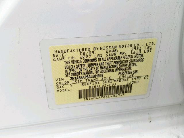 3N1AB6AP8AL601919 - 2010 NISSAN SENTRA 2.0 WHITE photo 10