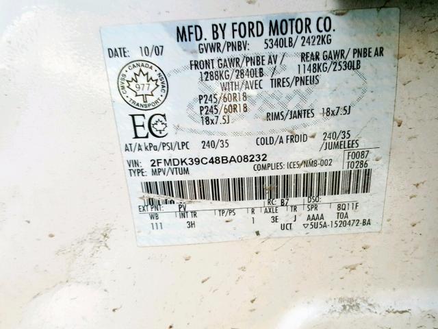 2FMDK39C48BA08232 - 2008 FORD EDGE LIMIT WHITE photo 10