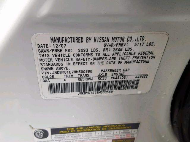 JNKBY01E78M500560 - 2008 INFINITI M45 BASE WHITE photo 10