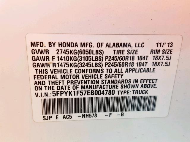 5FPYK1F57EB004780 - 2014 HONDA RIDGELINE WHITE photo 10