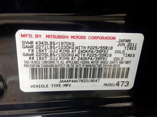 JA4AP4AU7BZ019047 - 2011 MITSUBISHI OUTLANDER BLACK photo 10