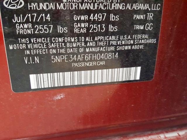 5NPE34AF6FH040814 - 2015 HYUNDAI SONATA SPO RED photo 10