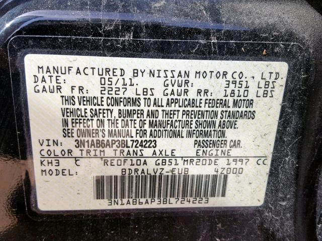 3N1AB6AP3BL724223 - 2011 NISSAN SENTRA 2.0 BLACK photo 10