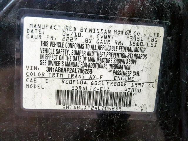 3N1AB6AP2AL706259 - 2010 NISSAN SENTRA 2.0 BLACK photo 10