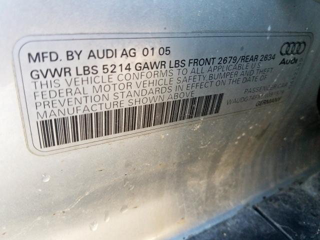 WAUDG74FX5N091578 - 2005 AUDI A6 3.2 QUA SILVER photo 10