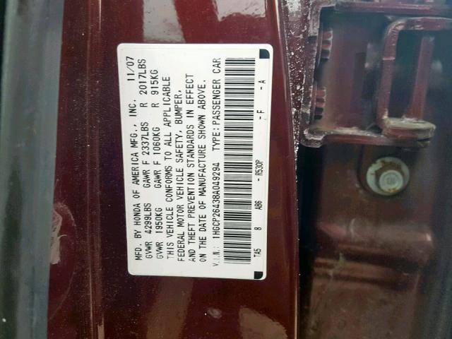 1HGCP26438A049294 - 2008 HONDA ACCORD LXP BURGUNDY photo 10