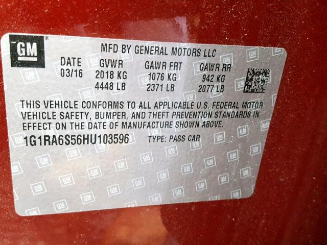 1G1RA6S56HU103596 - 2017 CHEVROLET VOLT LT RED photo 10