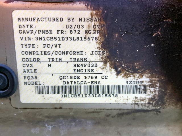 3N1CB51D33L815678 - 2003 NISSAN SENTRA XE GOLD photo 10