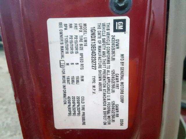 1GNDX13E04D232727 - 2004 CHEVROLET VENTURE LU RED photo 10