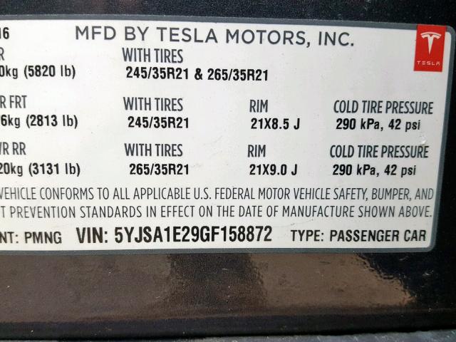 5YJSA1E29GF158872 - 2016 TESLA MODEL S GRAY photo 10