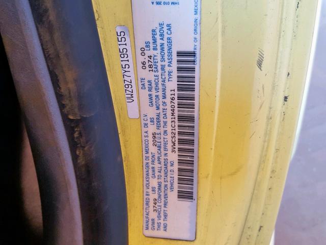 3VWCS21C31M407611 - 2001 VOLKSWAGEN NEW BEETLE YELLOW photo 10