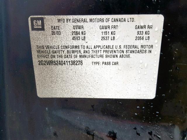 2G2WR524041138276 - 2004 PONTIAC GRAND PRIX BLACK photo 10