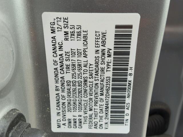 2HKRM4H72DH623553 - 2013 HONDA CR-V EXL SILVER photo 10